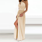 Robe longue asymétrique femme à fente haute, beige, rouge ou noir