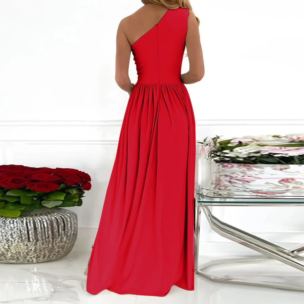Robe longue asymétrique femme à fente haute, beige, rouge ou noir