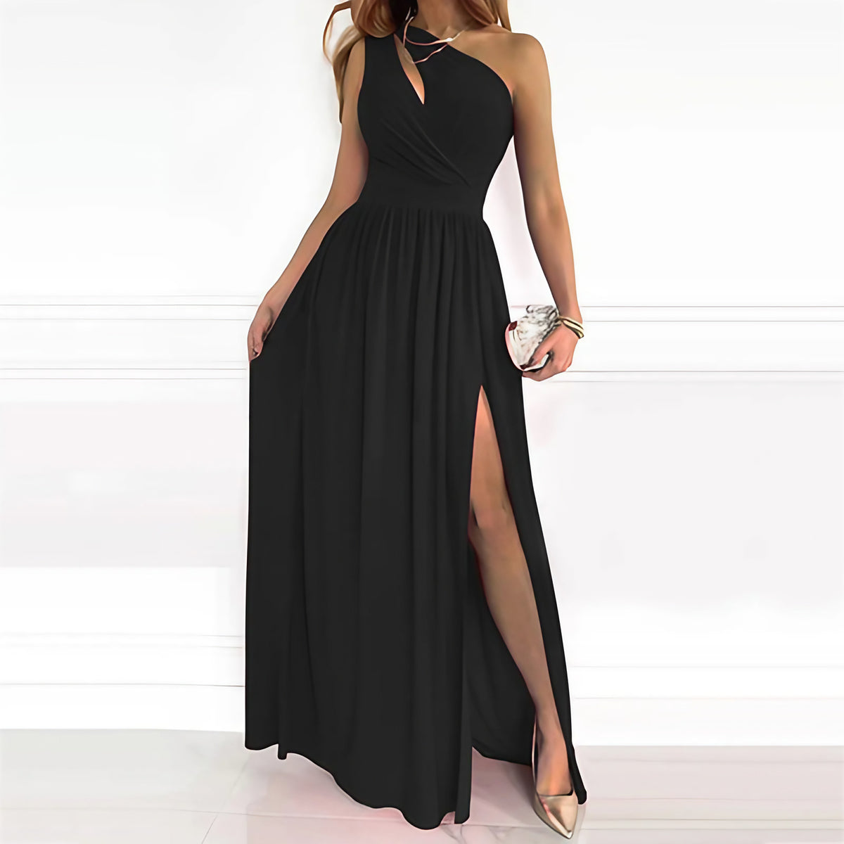 Robe longue asymétrique femme à fente haute, beige, rouge ou noir, noir