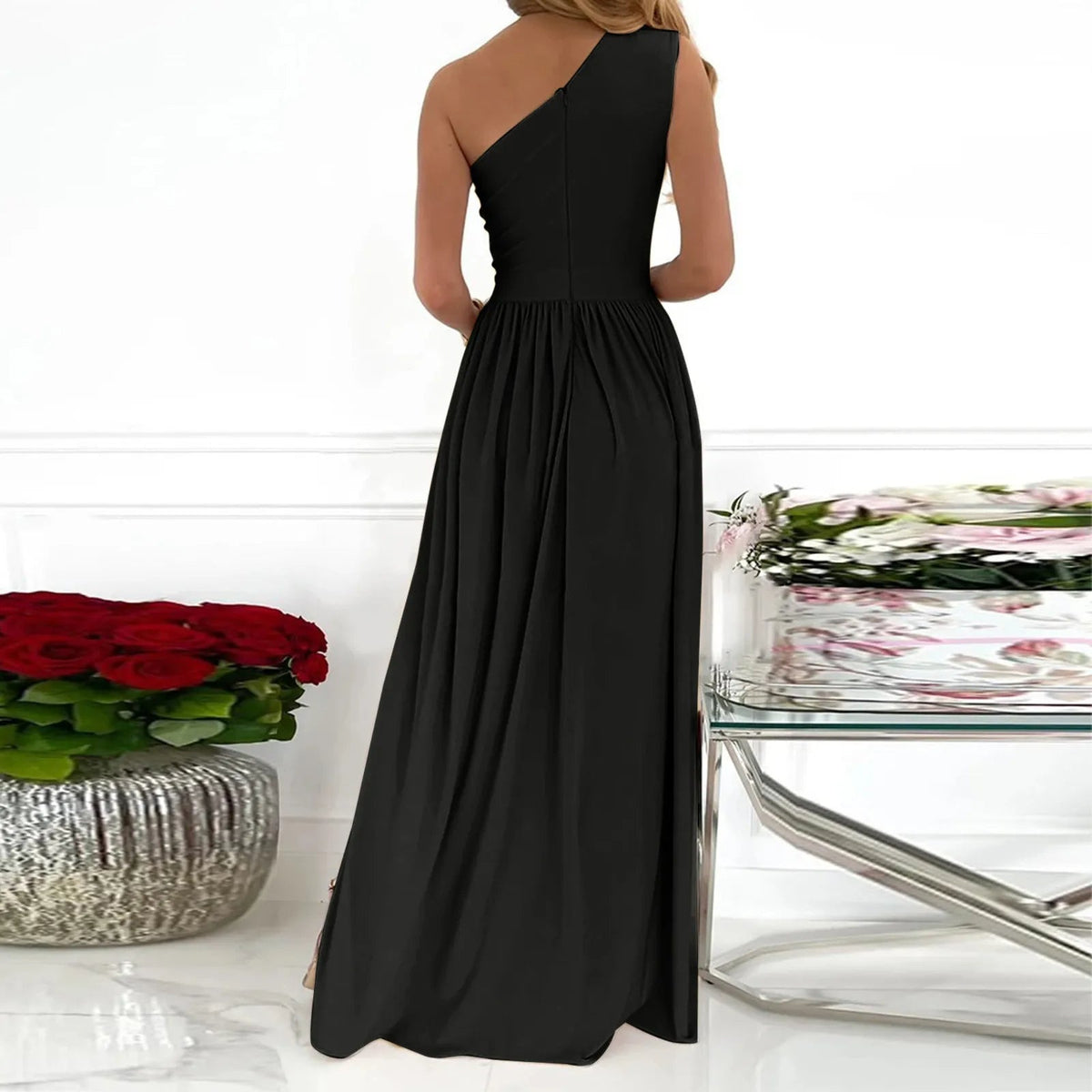 Robe longue asymétrique femme à fente haute, beige, rouge ou noir
