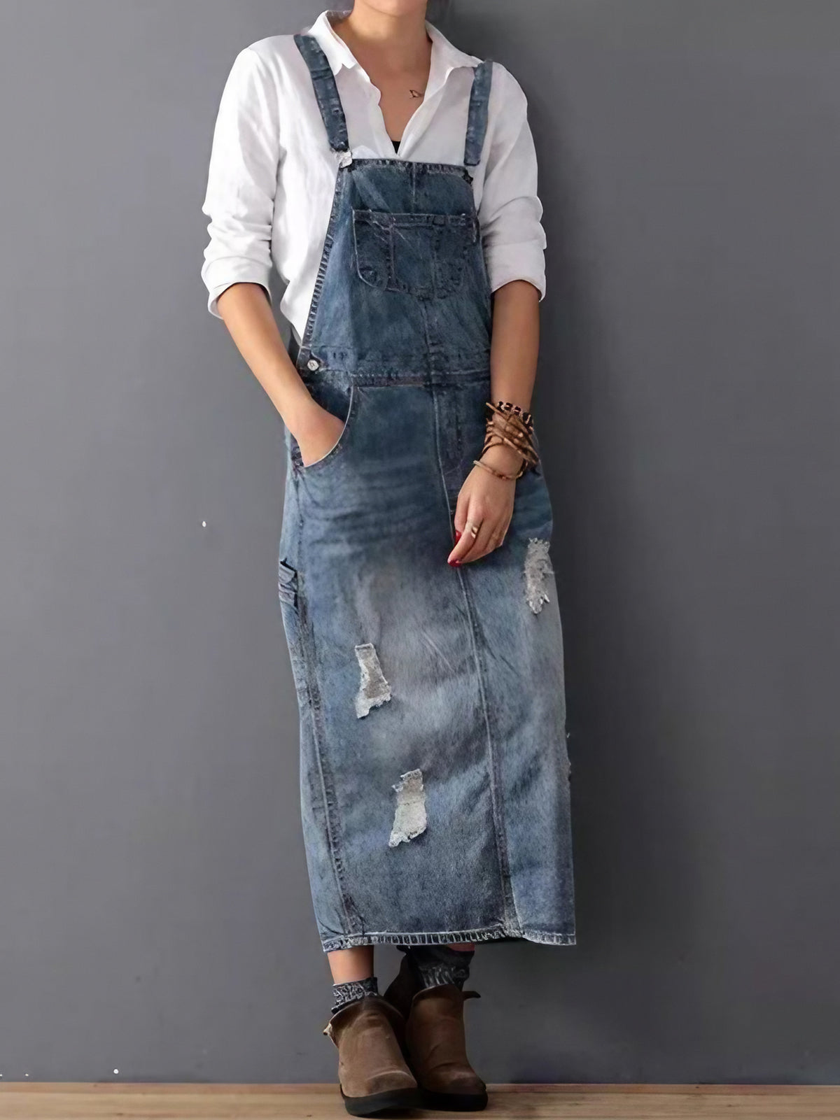 Robe salopette en jean femme effet délavé, bretelles réglables, bleu clair