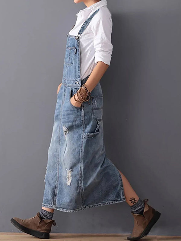 Robe salopette en jean femme effet délavé, bretelles réglables