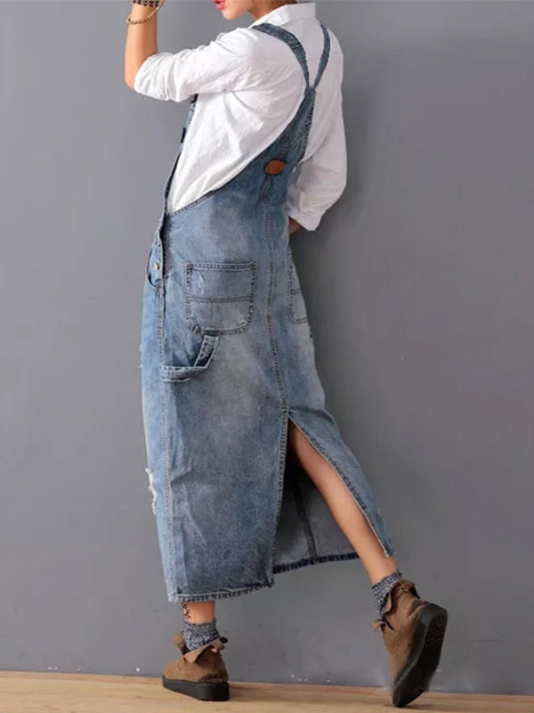 Robe salopette en jean femme effet délavé, bretelles réglables