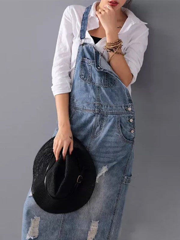 Robe salopette en jean femme effet délavé, bretelles réglables