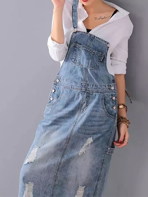 Robe salopette en jean femme effet délavé, bretelles réglables