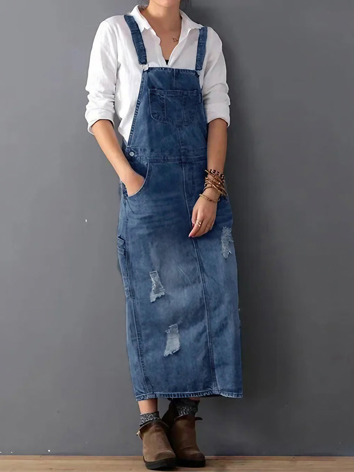 Robe salopette en jean femme effet délavé, bretelles réglables, bleu foncé
