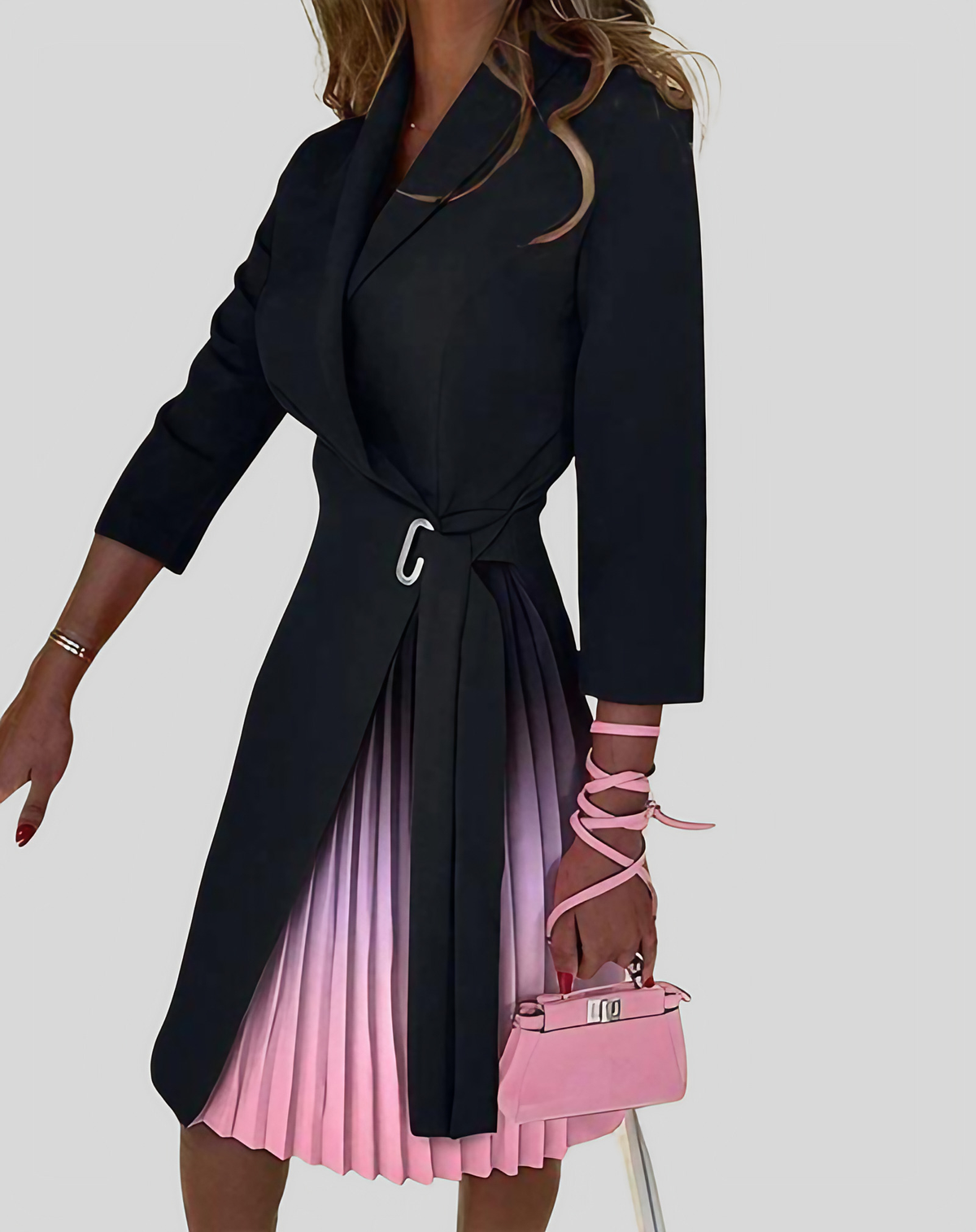 Robe blazer femme à manches longues, unie ou à motifs, noir et rose