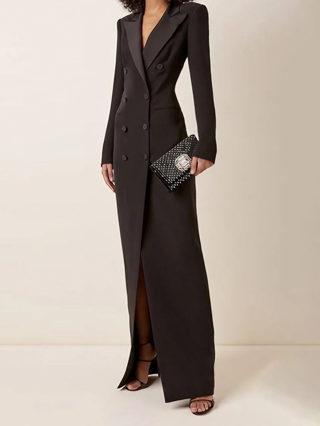 Robe blazer longue femme à double boutonnage, noire