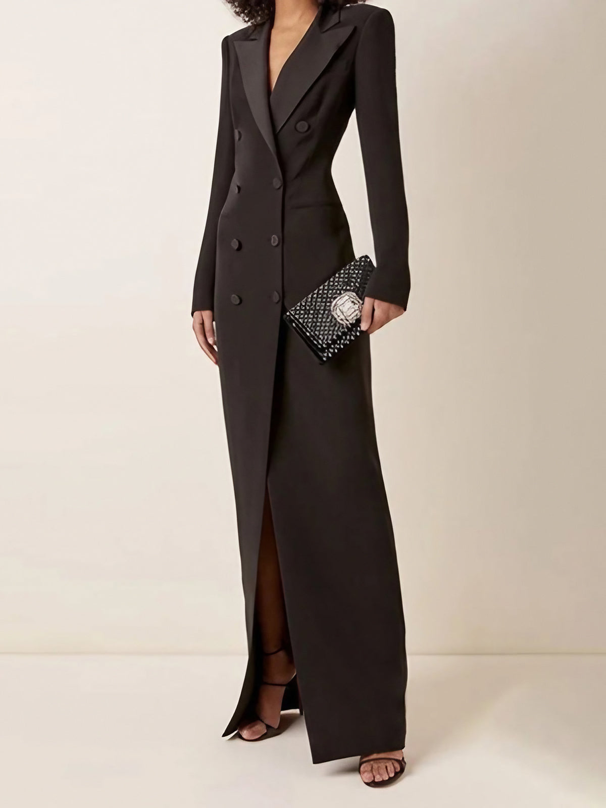 Robe blazer longue femme à double boutonnage, noire