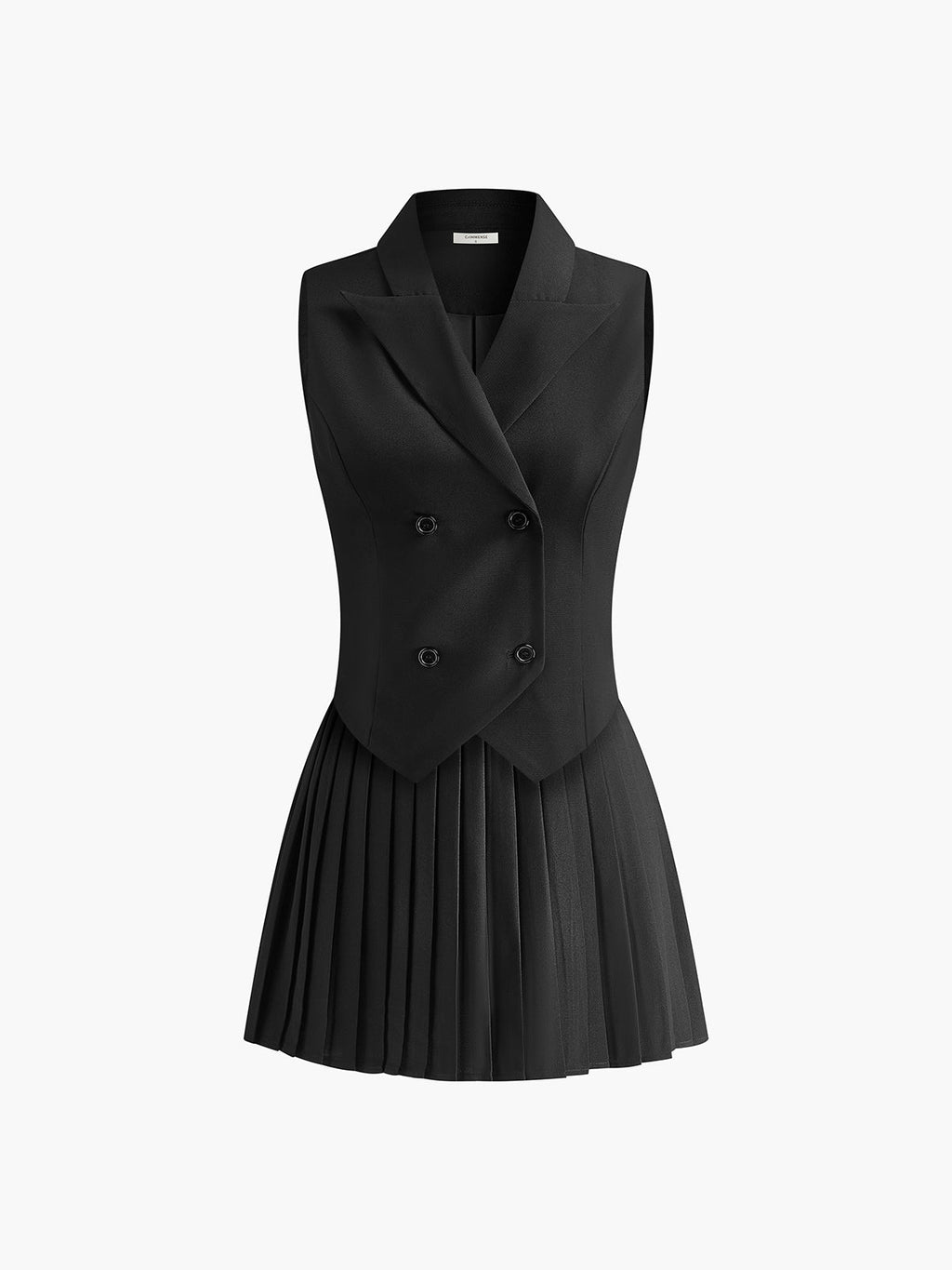 Robe blazer sans manches à col à revers, jupe plissée