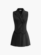 Robe blazer sans manches à col à revers, jupe plissée