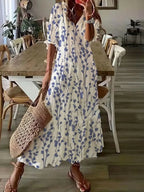 Robe bohème femme à volants et col V, imprimé ikat, bleu clair