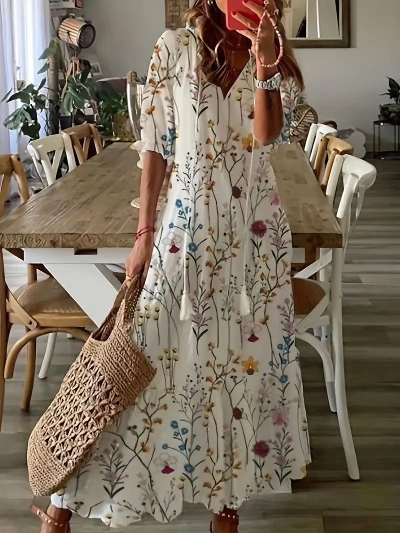 Robe bohème femme à volants et col V, imprimé ikat, blanc