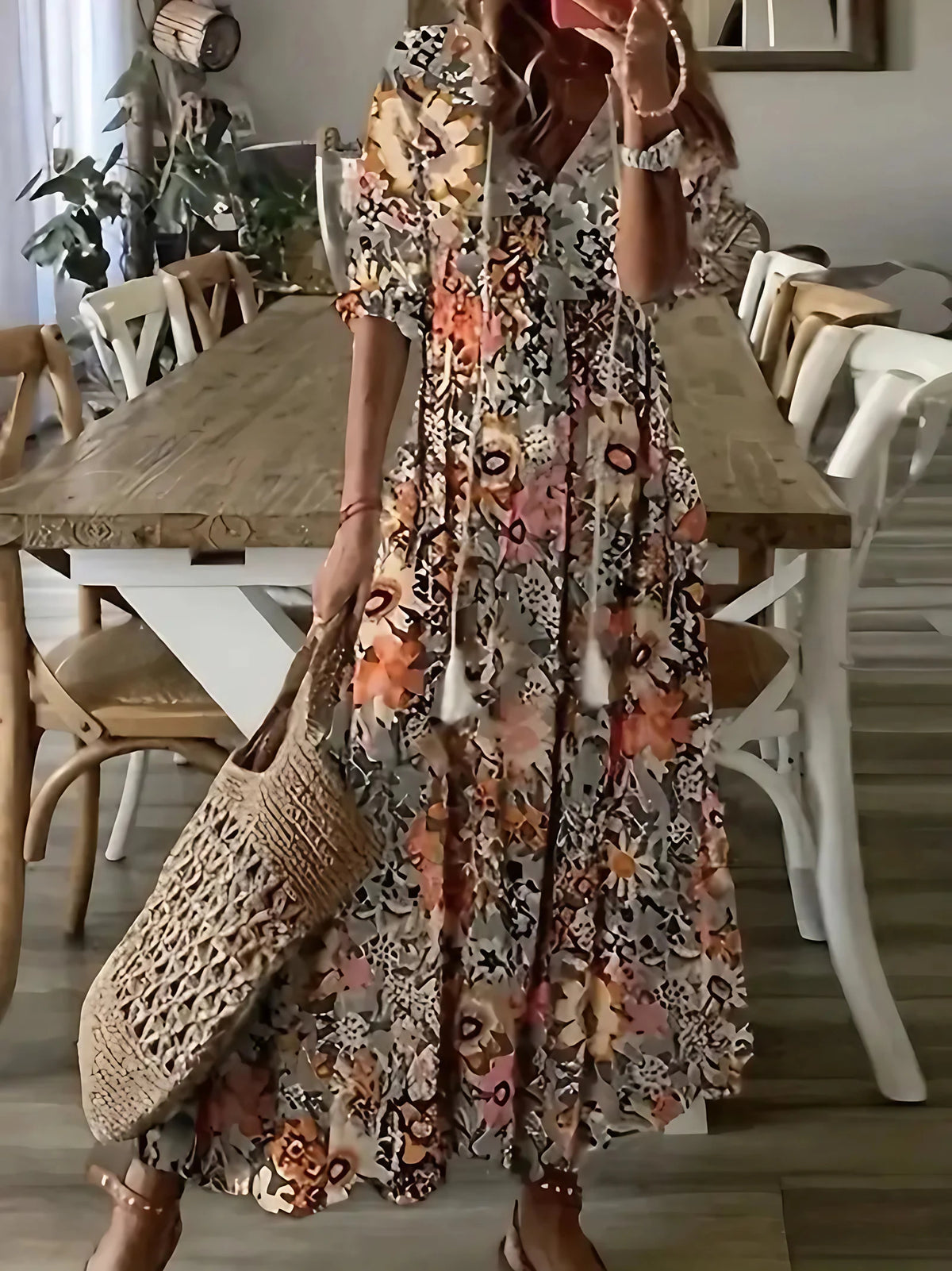 Robe bohème femme à volants et col V, imprimé ikat, marron