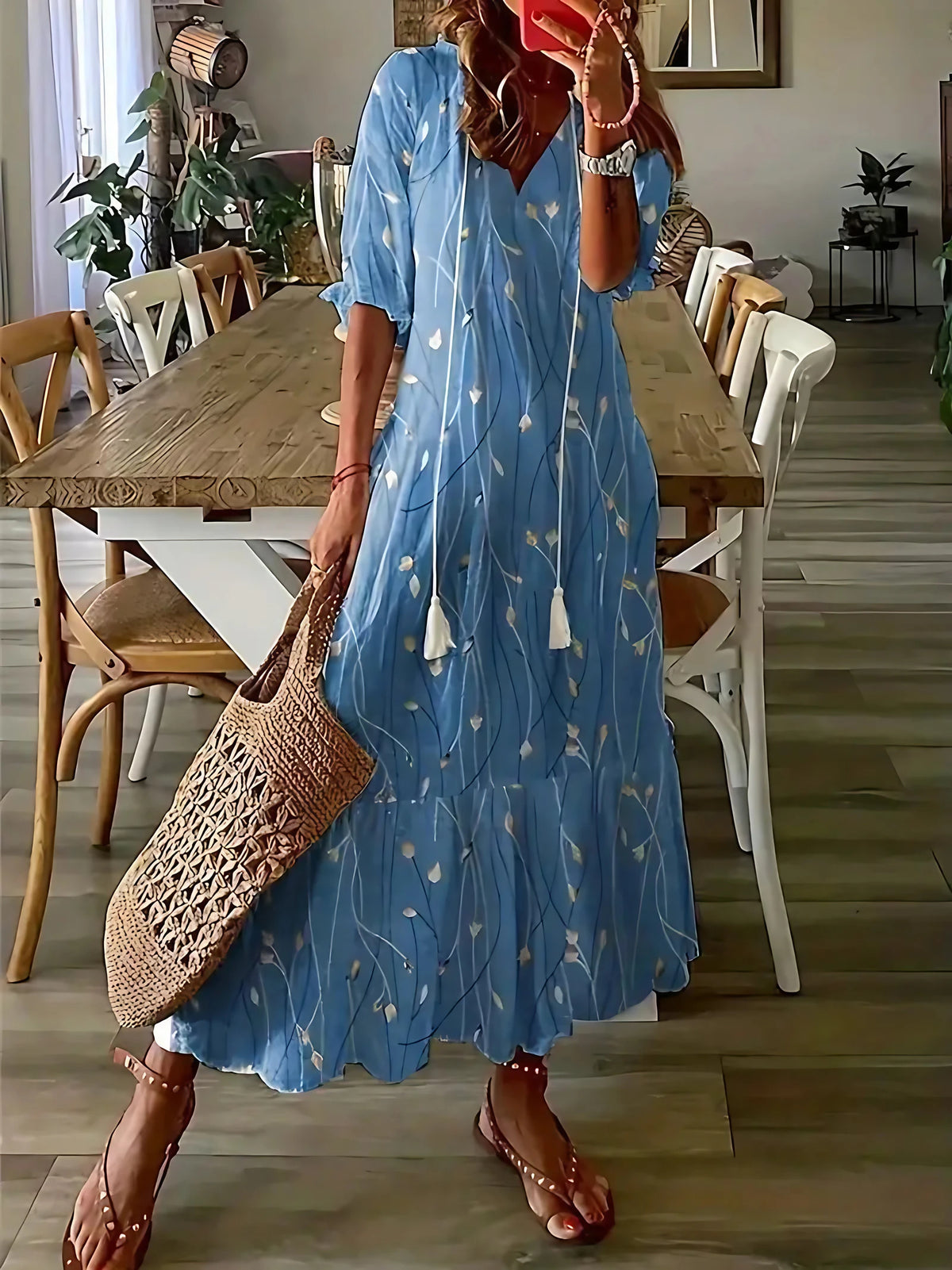 Robe bohème femme à volants et col V, imprimé ikat, bleu foncé