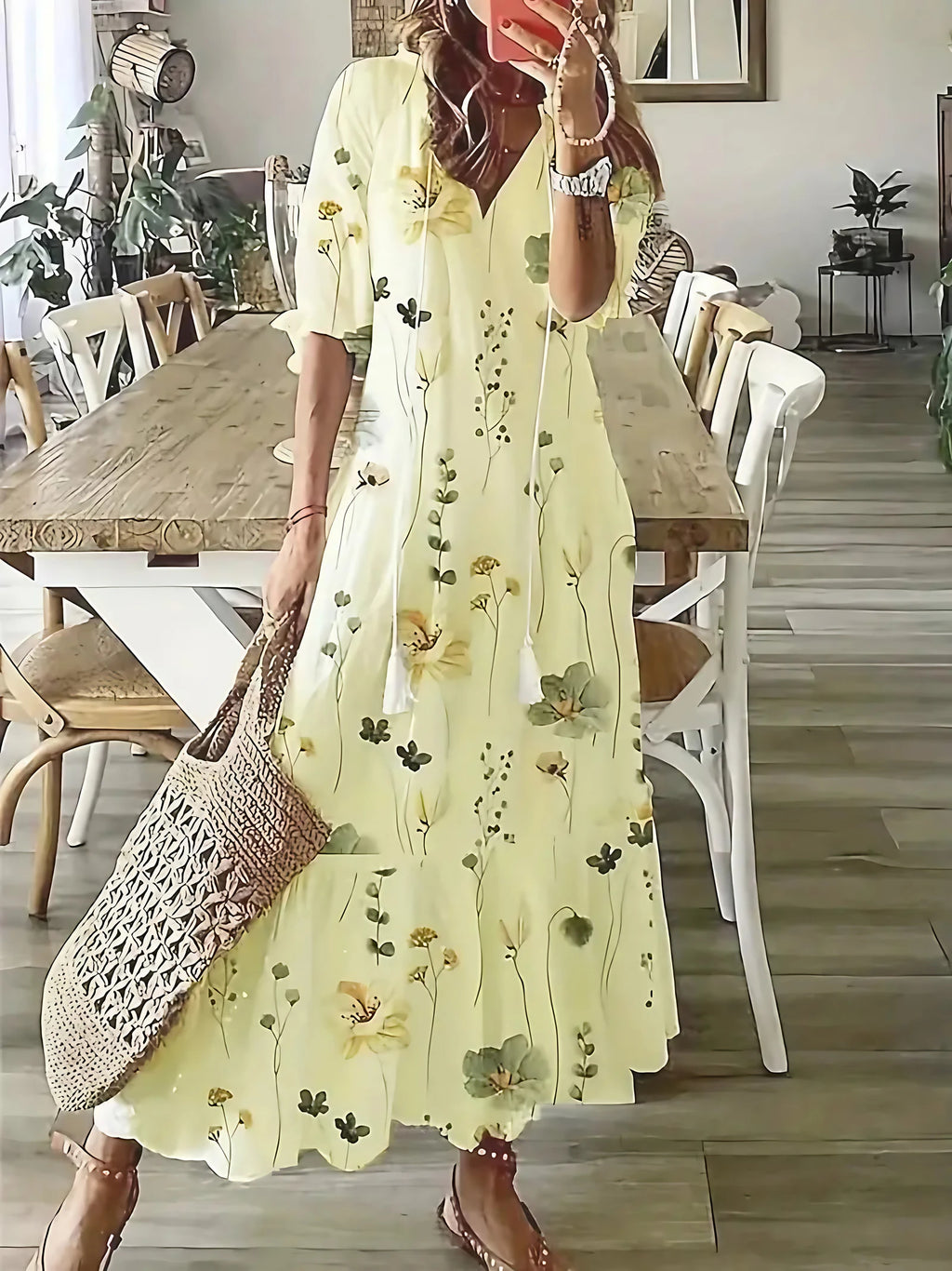 Robe bohème femme à volants et col V, imprimé ikat, jaune