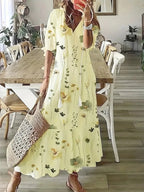 Robe bohème femme à volants et col V, imprimé ikat, jaune