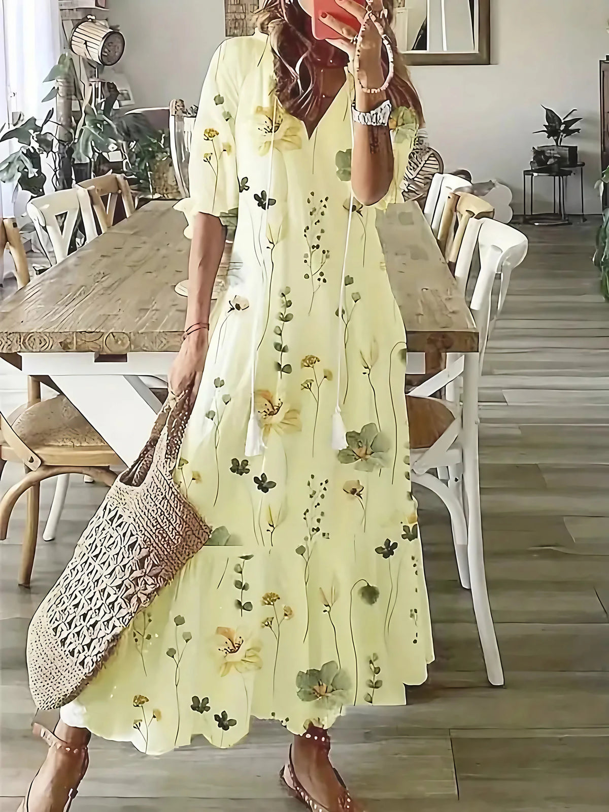 Robe bohème femme à volants et col V, imprimé ikat, jaune