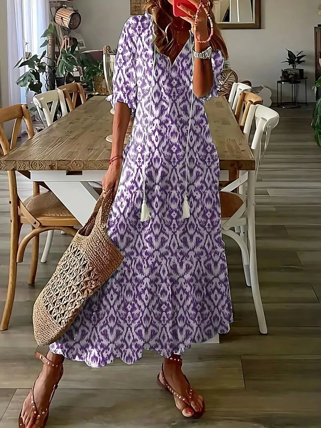 Robe bohème femme à volants et col V, imprimé ikat, mauve