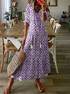 Robe bohème femme à volants et col V, imprimé ikat, mauve