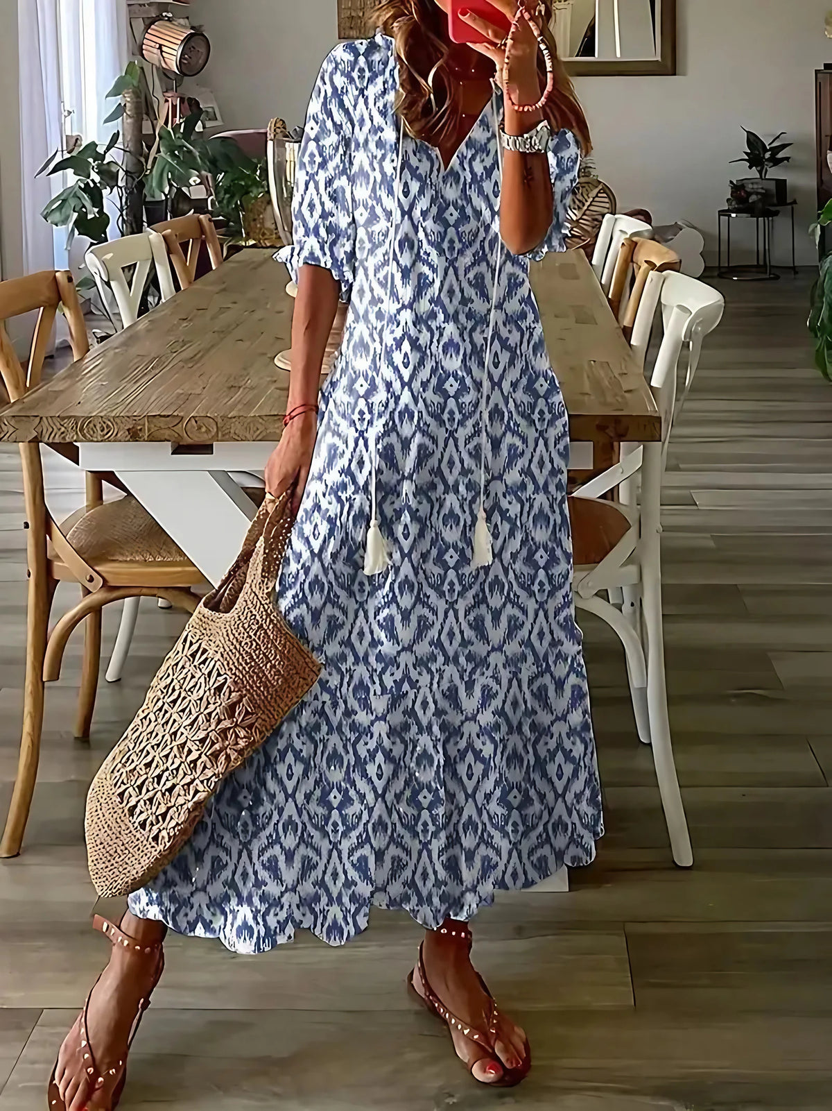 Robe bohème femme à volants et col V, imprimé ikat, bleu