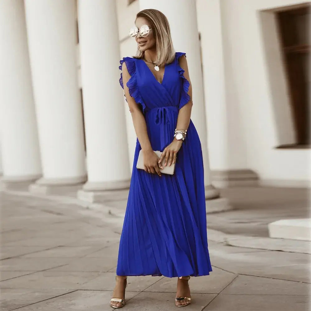 Robe longue bohème femme à volants, taille ceinturée, six coloris, bleu
