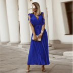 Robe longue bohème femme à volants, taille ceinturée, six coloris, bleu