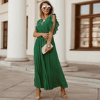 Robe longue bohème femme à volants, taille ceinturée, six coloris, vert