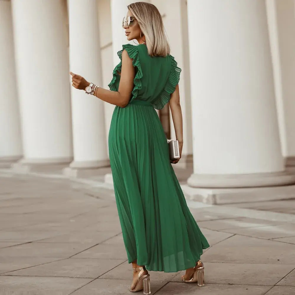 Robe longue bohème femme à volants, taille ceinturée, six coloris