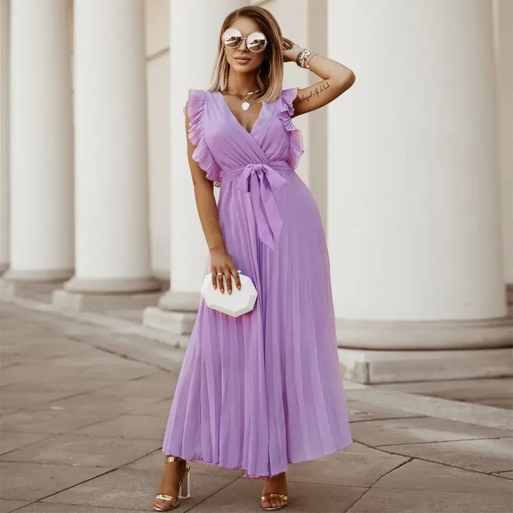 Robe longue bohème femme à volants, taille ceinturée, six coloris, violet clair