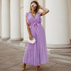 Robe longue bohème femme à volants, taille ceinturée, six coloris, violet clair