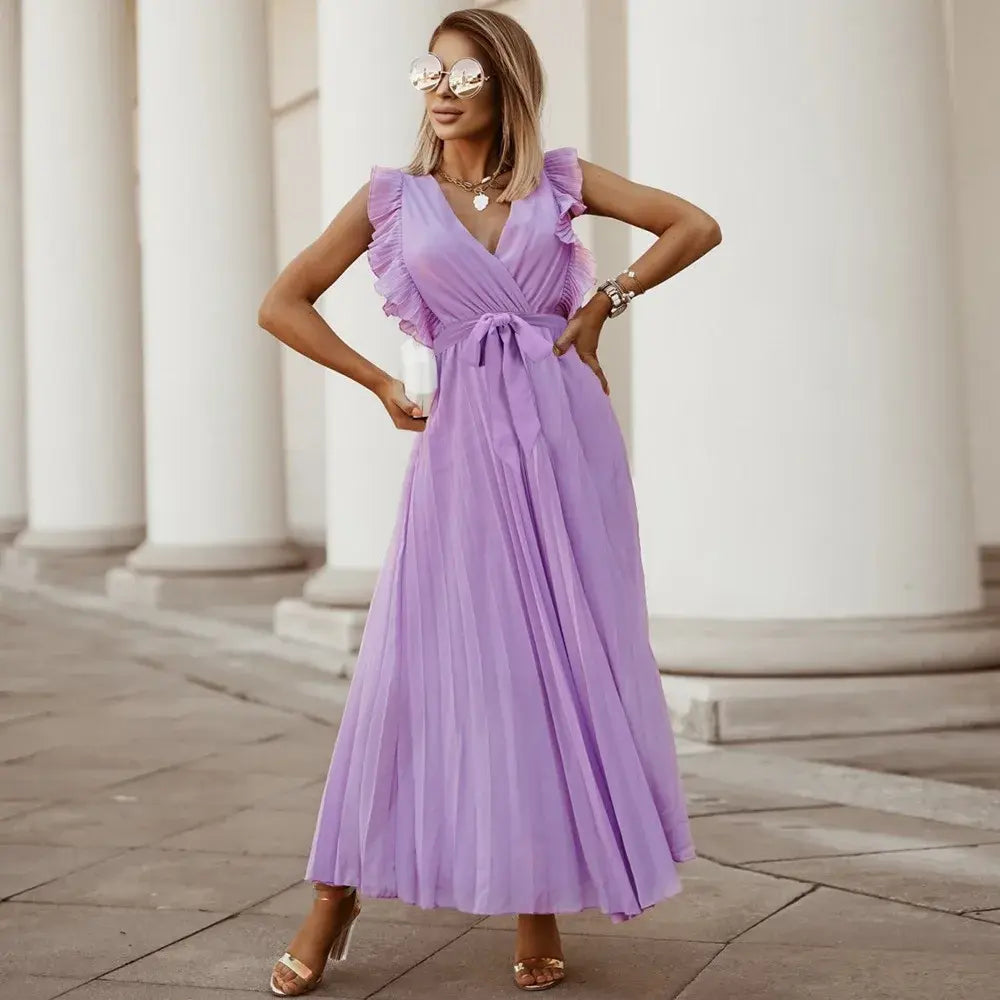 Robe longue bohème femme à volants, taille ceinturée, six coloris