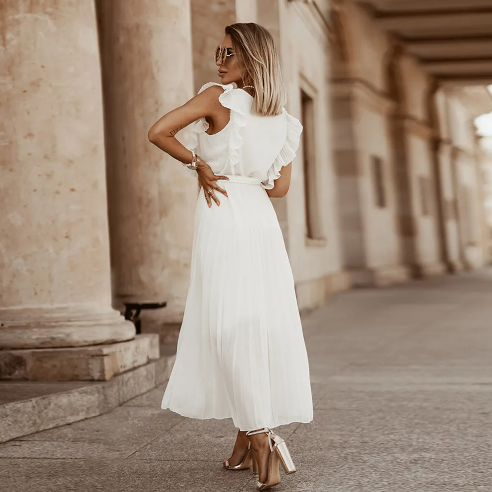 Robe longue bohème femme à volants, taille ceinturée, six coloris