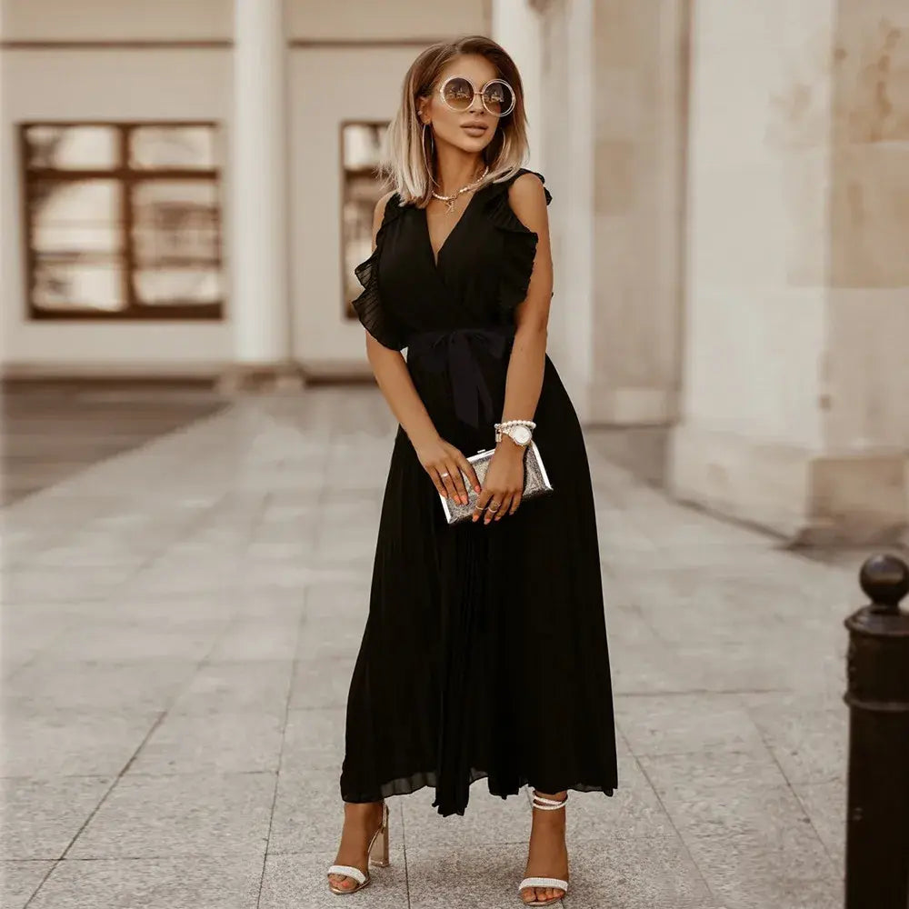 Robe longue bohème femme à volants, taille ceinturée, six coloris, noir