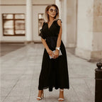Robe longue bohème femme à volants, taille ceinturée, six coloris, noir