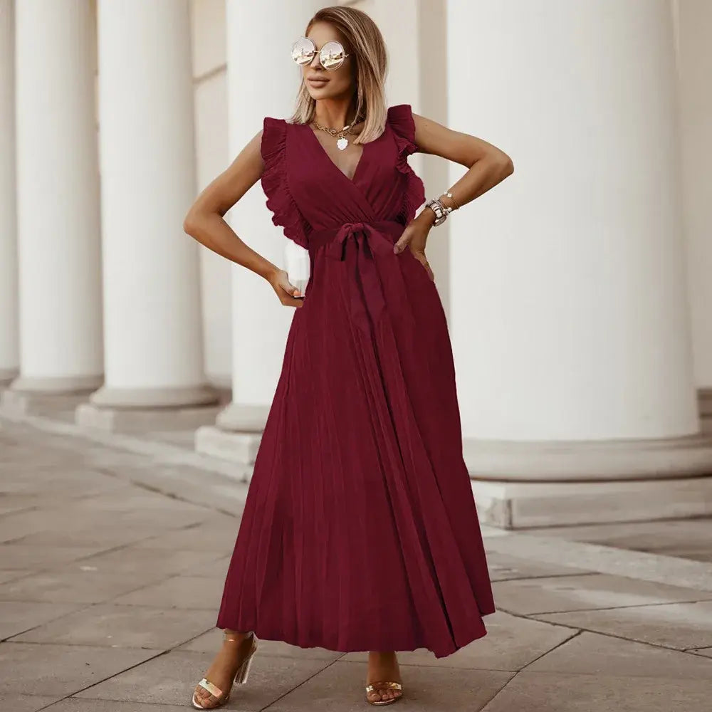 Robe longue bohème femme à volants, taille ceinturée, six coloris, bordeaux