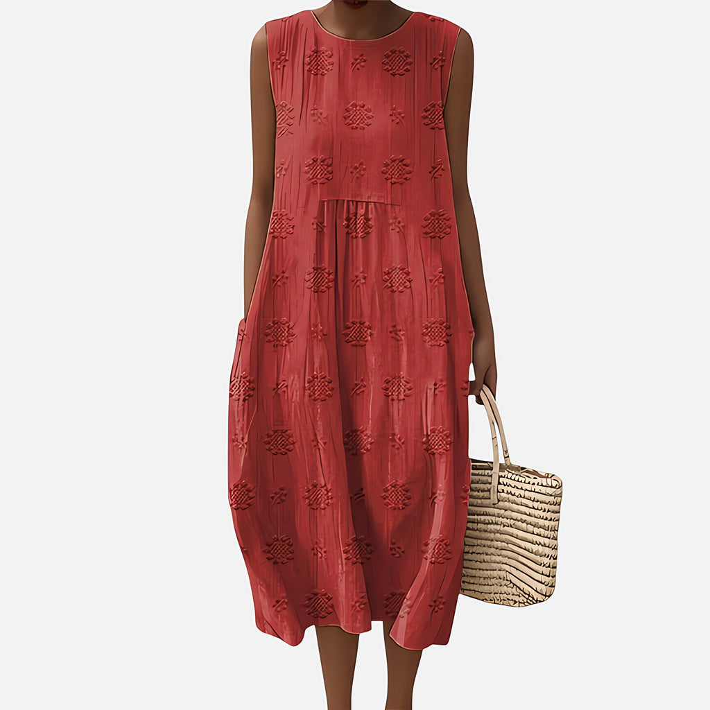 Robe bohème mi-longue sans manches à poches, motif géométrique, rouge