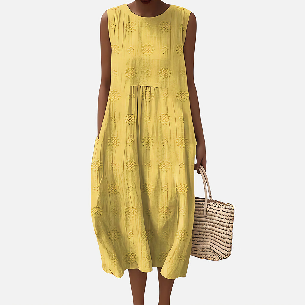 Robe bohème mi-longue sans manches à poches, motif géométrique, jaune