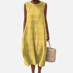 Robe bohème mi-longue sans manches à poches, motif géométrique, jaune