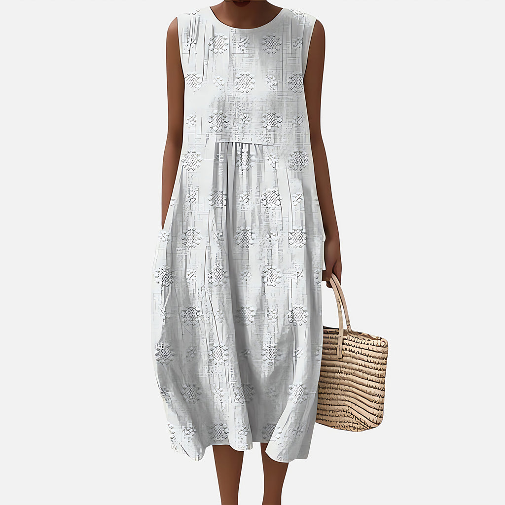 Robe bohème mi-longue sans manches à poches, motif géométrique, blanc