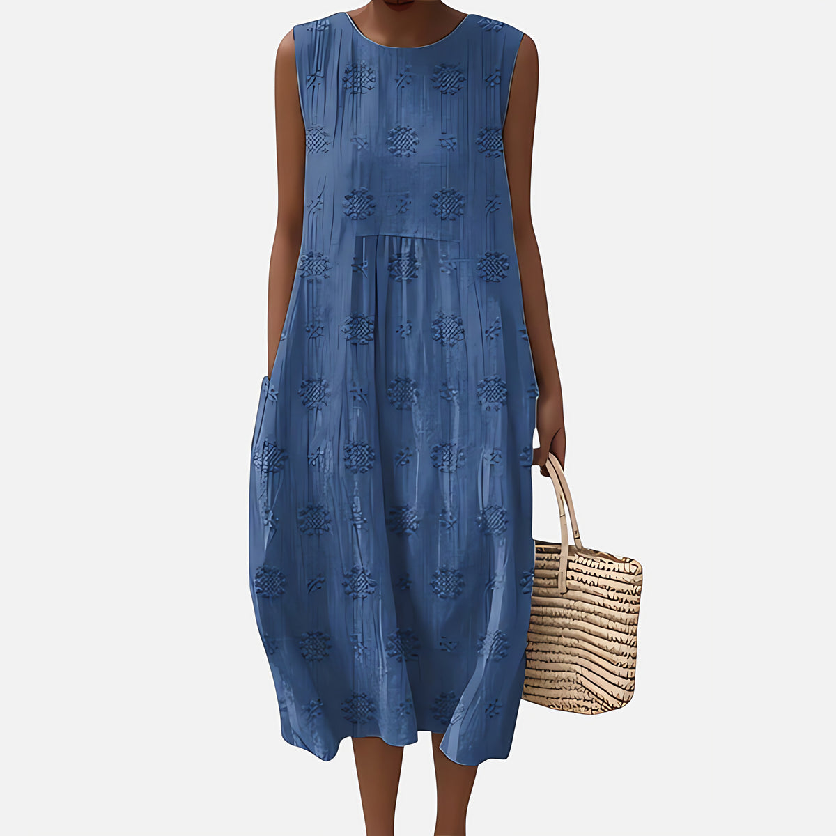 Robe bohème mi-longue sans manches à poches, motif géométrique, bleu