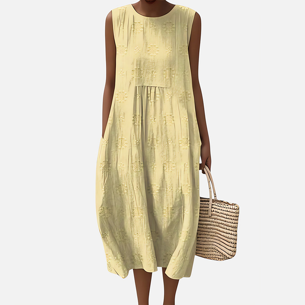 Robe bohème mi-longue sans manches à poches, motif géométrique, jaune clair