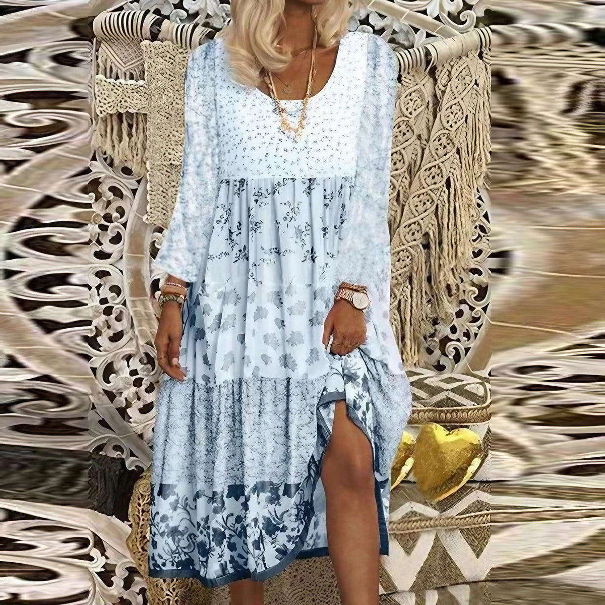 Robe bohème longue femme à imprimé floral, rose, bleu ou jaune, bleu