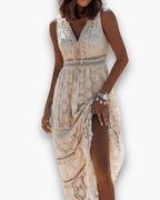 Robe midi bohème femme à détails en dentelle, beige ou blanc, beige