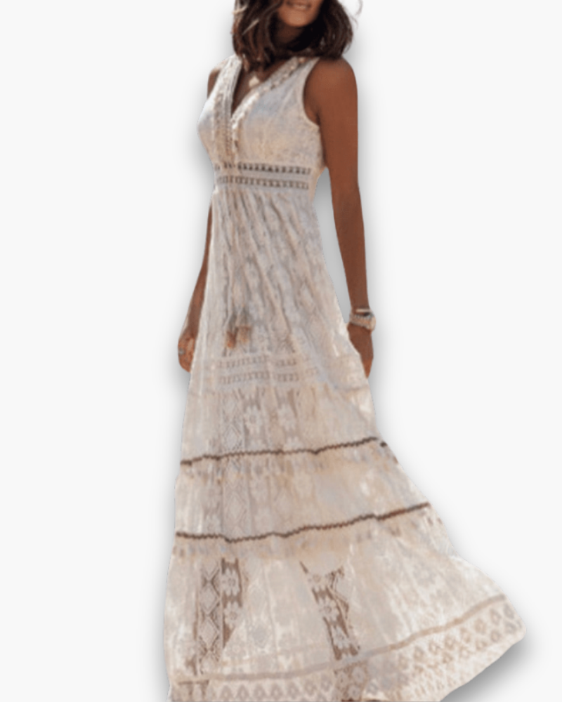 Robe midi bohème femme à détails en dentelle, beige ou blanc