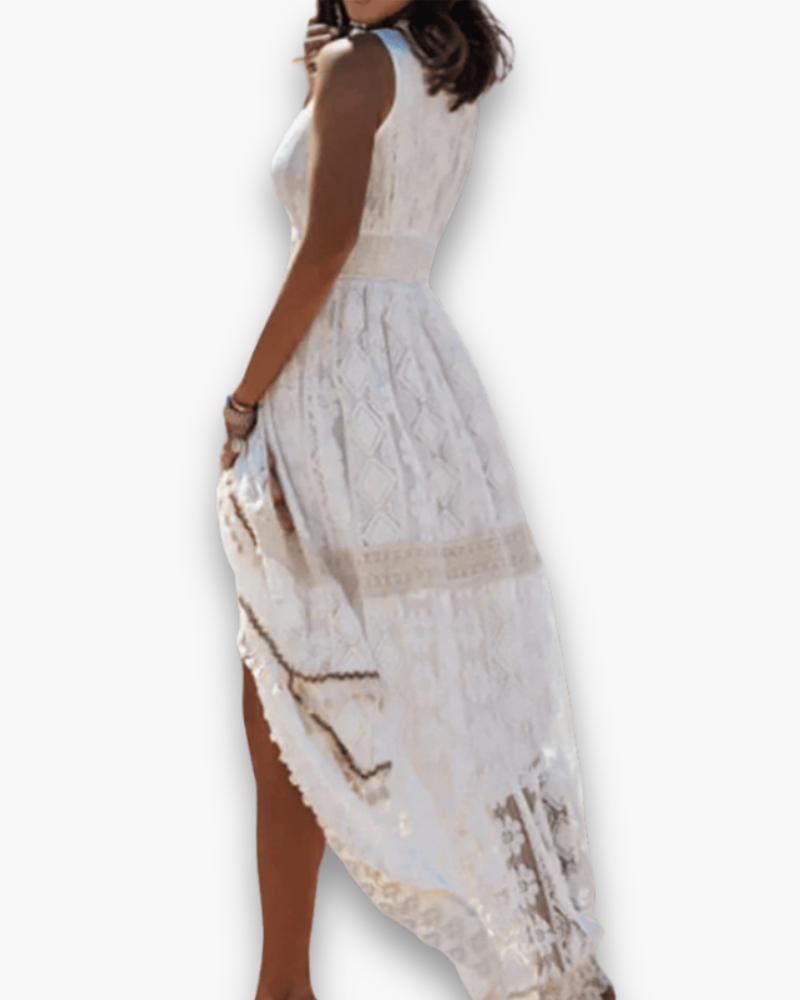 Robe midi bohème femme à détails en dentelle, beige ou blanc