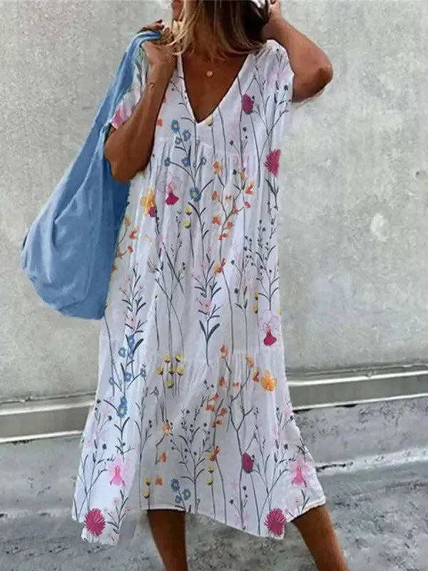 Robe bohème d'été col V à imprimé fleuri, manches courtes, fleuri