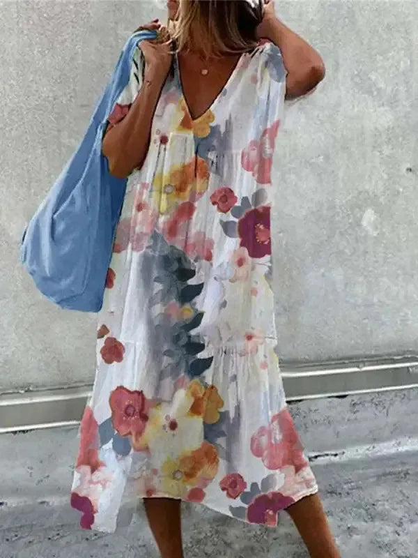 Robe bohème d'été col V à imprimé fleuri, manches courtes, rose