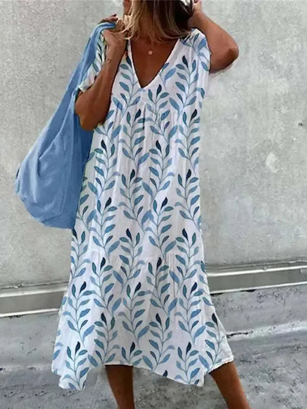 Robe bohème d'été col V à imprimé fleuri, manches courtes, bleu