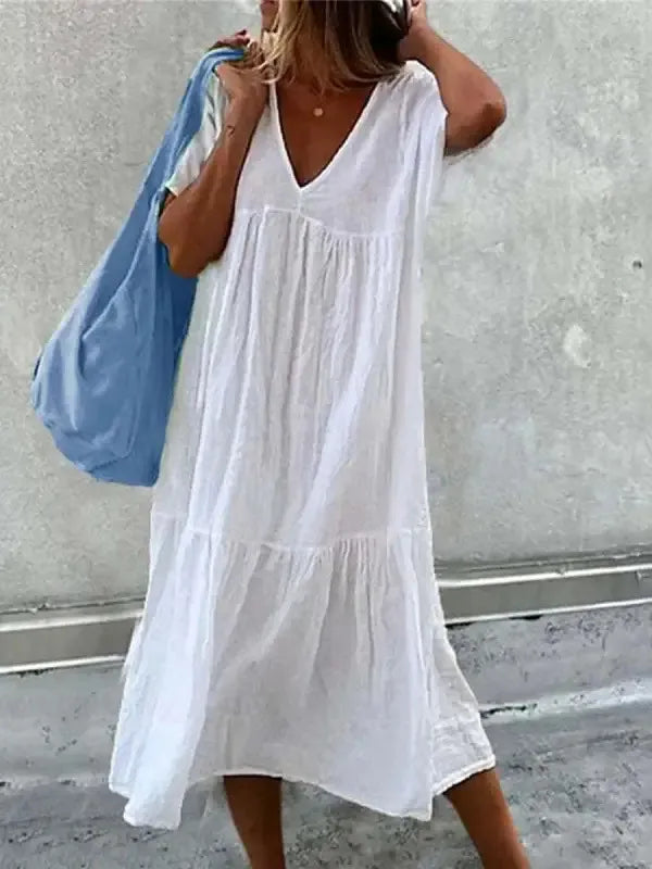 Robe bohème d'été col V à imprimé fleuri, manches courtes, blanc